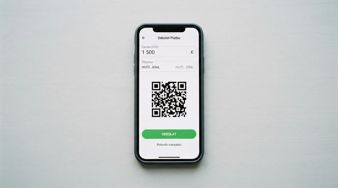 Rozhraní kryptoměnové peněženky s QR kódem a potvrzovacím tlačítkem pro odeslání bitcoinu do kasina