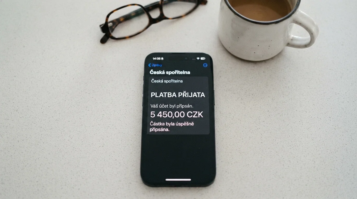 Obrazovka chytrého telefonu s rozepsanou SMS zprávou pro potvrzení platby, na pozadí logo NeteraPay