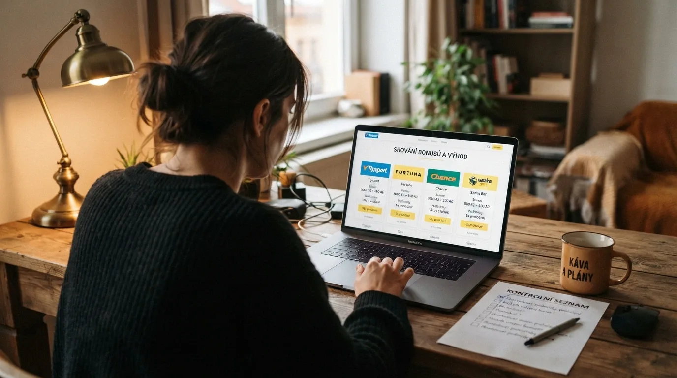 Hráč u notebooku porovnávající nabídky online casin s otevřeným seznamem podmínek
