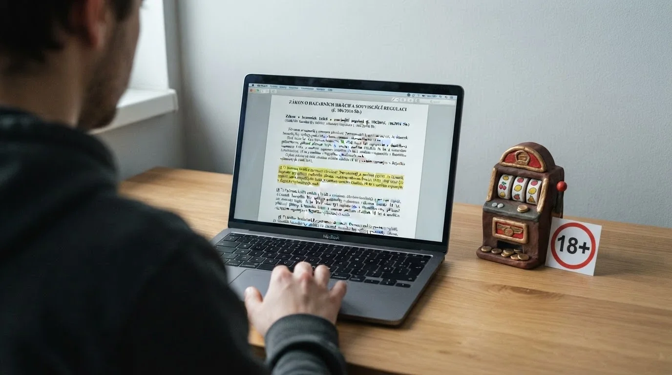 Detail paragrafu na monitoru — vedle něj symboly automatu s drobným písmem „18+“ a „MF ČR“ — kontrast mezi zábavou a regulací
