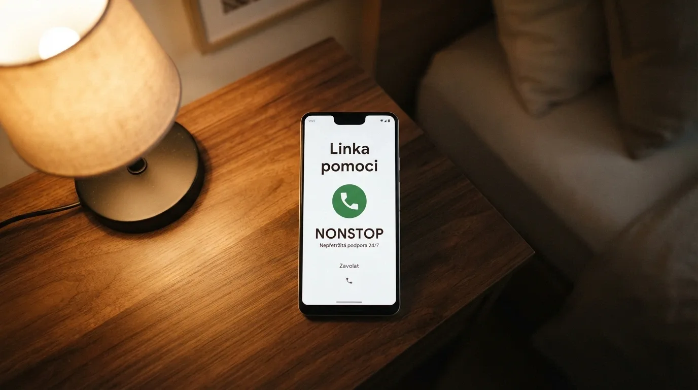 Telefon s odemčenou obrazovkou a zobrazenou linkou pomoci, v pozadí logo zodpovědného hraní a symbol NONSTOP