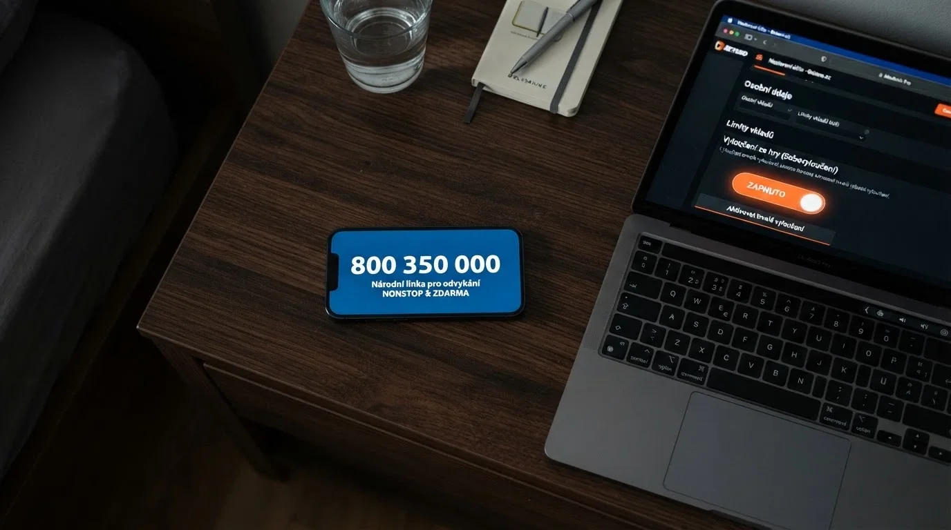 Telefon s vytočeným číslem 800 350 000 na lince pomoci, vedle tlačítko panic button na obrazovce casina