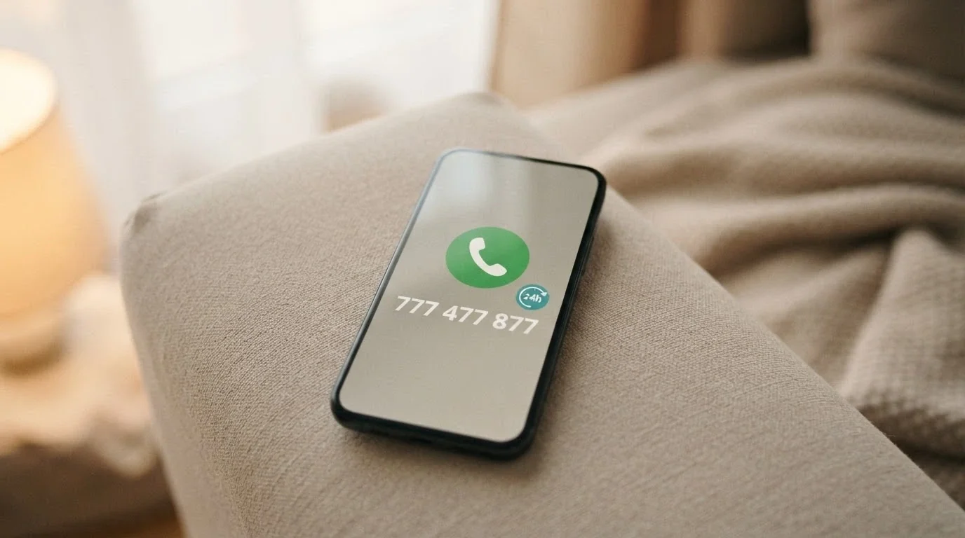 Telefon s vytočeným číslem linky pomoci, vedle něj ikona nonstop provozu, v pozadí logo Zodpovědné hraní, klidné tlumené barvy