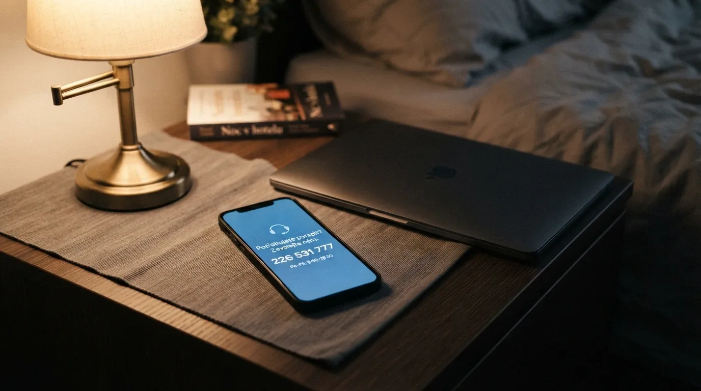 Telefon s číslem linky pomoci na displeji, vedle něj zavřený notebook