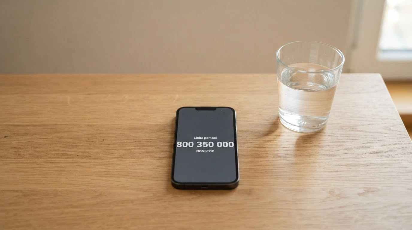 Telefon s vytočeným číslem 800 350 000 na displeji vedle sklenice vody