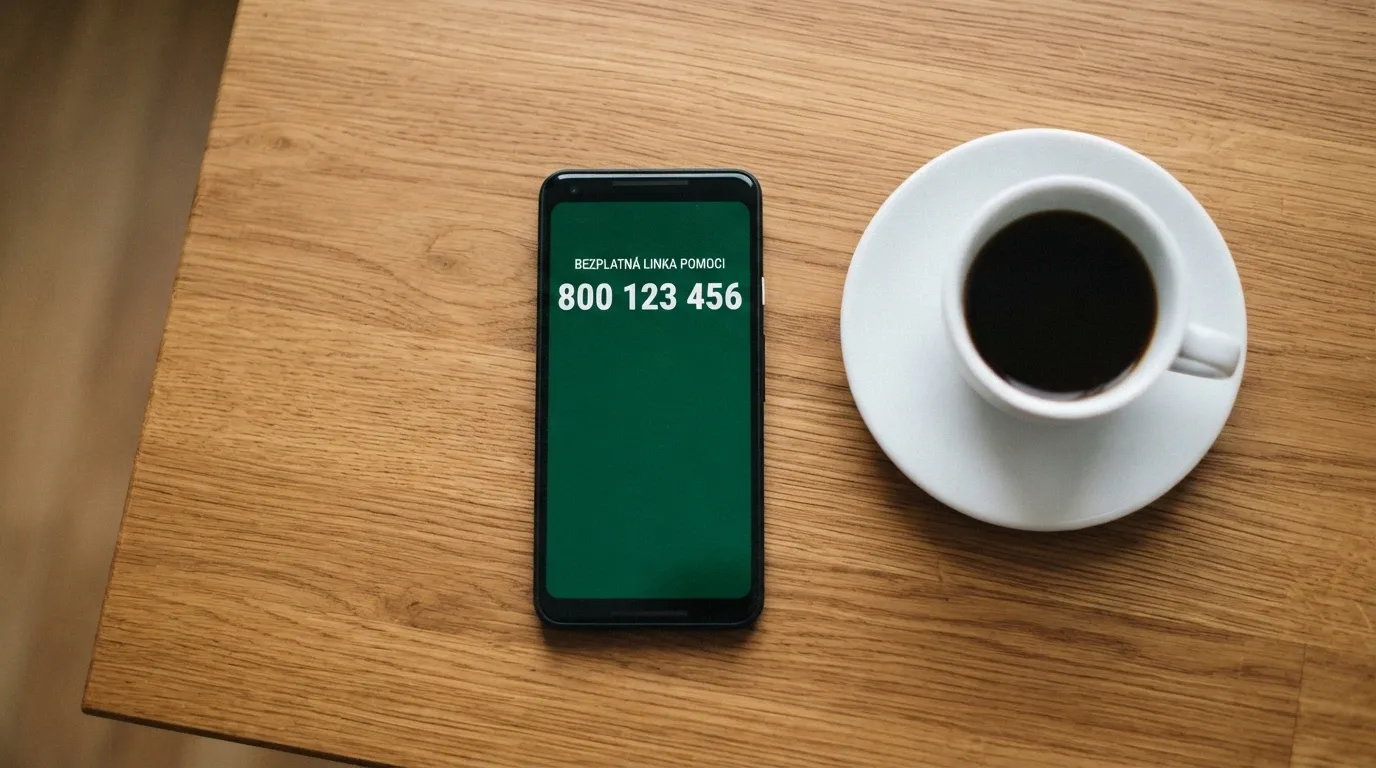 Telefon s vytočeným číslem linky pomoci na displeji vedle loga Naberte kurz
