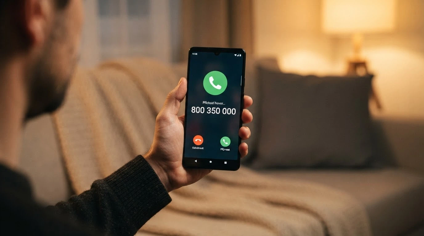 Telefon s vytočeným číslem linky pomoci, v pozadí logo Národní linky pro odvykání hraní