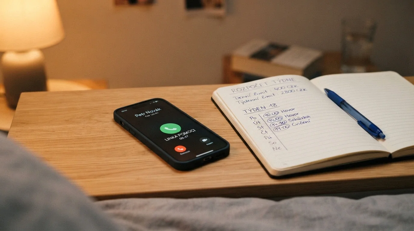 Telefon s vytočenou linkou pomoci, vedle otevřený sešit s poznámkami o limitech a časovém rozvrhu hraní.